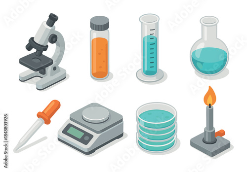 Isometric science lab equipment icons with microscope and test tubes