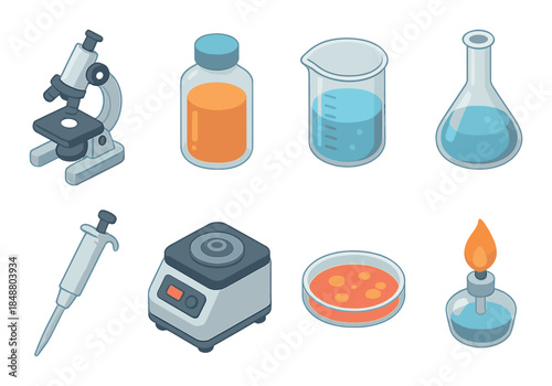 Cartoon laboratory equipment set: microscope, beaker, flask, and more
