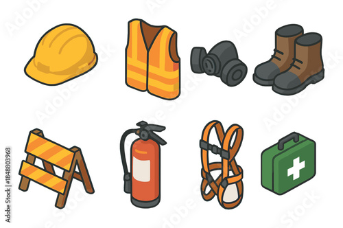 Safety equipment icons set featuring hard hat, vest, respirator, and boots