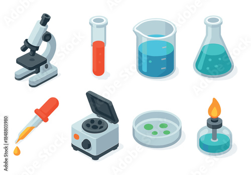 Scientific equipment icons featuring microscope, test tubes, beaker, and bunsen burner