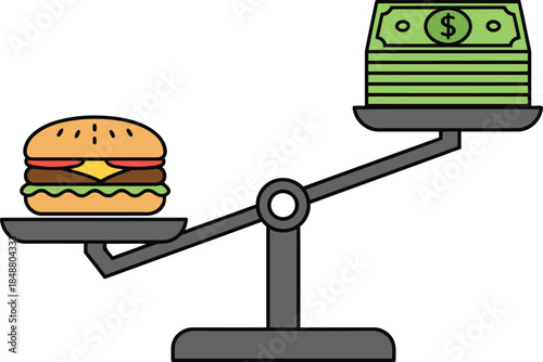 Money outweighing a delicious hamburger on a scale representing food costs and financial priorities