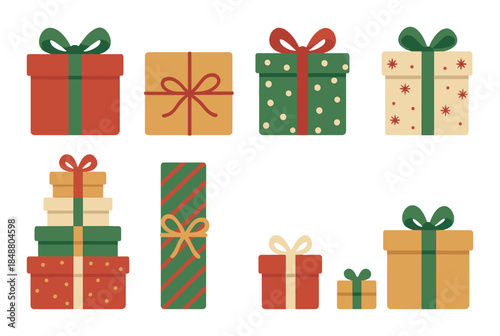 Colorful assorted gift boxes with holiday patterns and bows