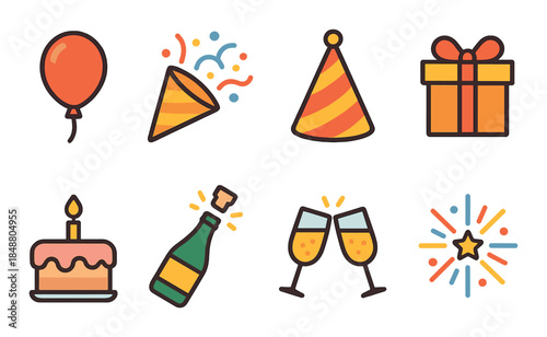 Festive icons: balloon, party hats, cake, gifts, champagne, toasting glasses, fireworks