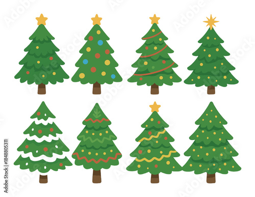Variety of decorated christmas trees with stars and ornaments