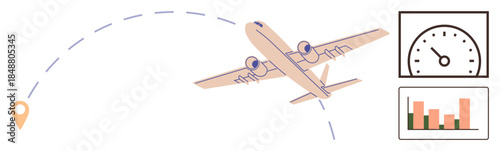 Airplane flying along a curved path with map marker, speedometer, and bar chart for metrics. Ideal for travel, aviation, navigation, logistics, analytics planning and dashboard visuals. Simple flat