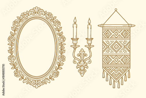 Vintage Wall Decor Illustration Set with Ornate Mirror Frame, Classic Candlestick and Boho Tapestry for Interior Design and Luxury Branding, vector illustration