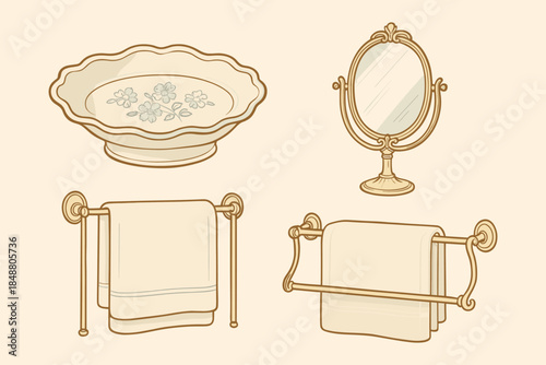 Vintage Bathroom Decor Illustration Set with Classic Sink, Mirror and Towel Racks for Elegant Interior Design and Lifestyle Branding, vector illustration