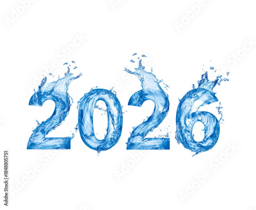 Crystal clear water splashing 2026 design for new year visuals and greetings on transparent background, PNG