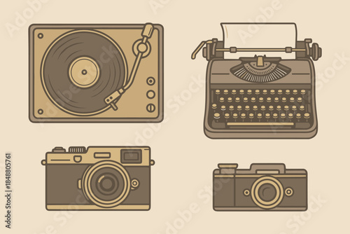 Vintage Retro Technology, Music, and Photography Equipment Concept
