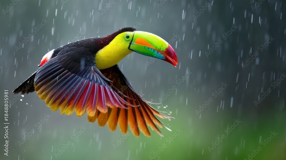 Obraz premium A stunning toucan soars gracefully through the rain, showcasing its bright beak and colorful feathers. The lush background enhances its vibrant presence in nature