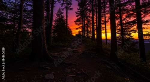Vibrant Sunset Over Forest Path