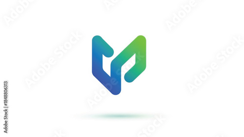 Modern abstract geometric logo icon with a blue and green gradient, featuring an interlocking "M" or "V" shape with rounded terminals. Minimalist professional design representing synergy, growth.