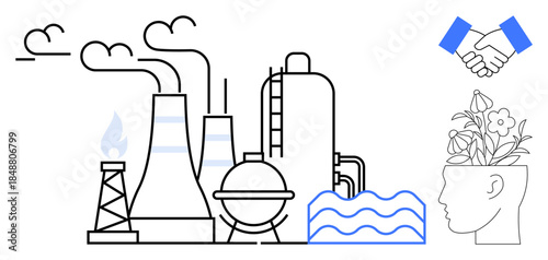 Power plants with chimneys emitting smoke, oil rigs, and water waves, symbolizing energy and industry. Human head with blooming flowers and handshake signifies sustainability, collaboration