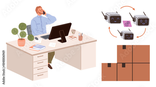 Man working at desk with computer and phone, smart quadcopters exchanging data, and stacked packages. Ideal for automation, logistics, office work, technology, e-commerce, innovation simple flat