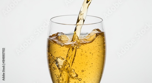 Amber Liquid Pouring into a Clear Glass against a White Background