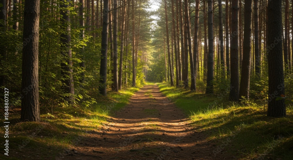 Obraz premium Sunlit Path Through Lush Green Forest