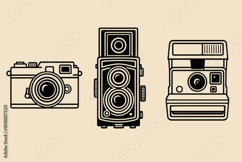 Vintage Camera Collection: Line Art Illustrations of Classic Film and Instant Cameras