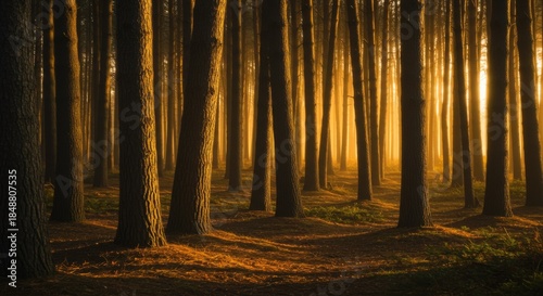 Golden Sunlight Through Tall Pine Forest