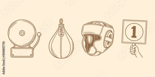 Vintage Boxing Gear and Equipment Icons for Fitness, Training, and Sports Competitions