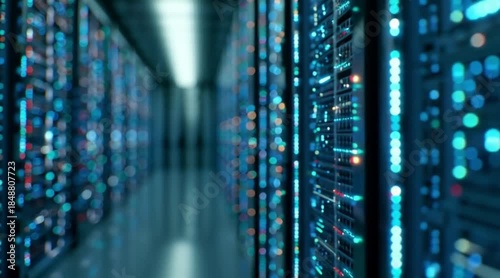 Rows of server racks with colorful lights in a data center