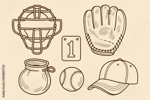 Baseball Equipment Icons, Vintage Sports Gear for Training, Competitions, and Fitness Branding