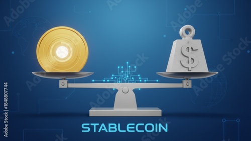 Stablecoin Concept with Balance Scale Cryptocurrency Financial Technology Digital Currency. Concept featuring stablecoin, cryptocurrency, balance scale, financial technology, digital currency.