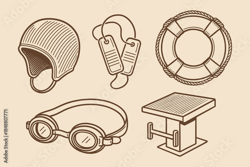 Swimming Gear and Safety Equipment Icons for Water Sports, Fitness, and Pool Accessories