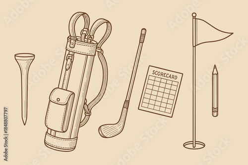 Golf Equipment and Accessories Icons for Sports, Outdoor Activities, and Recreation