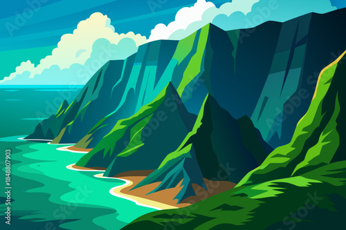 Serene tropical ocean bay with lush green mountains and sandy beaches