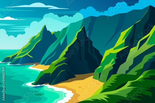 Tropical mountainous coastline with lush greenery and sandy beach