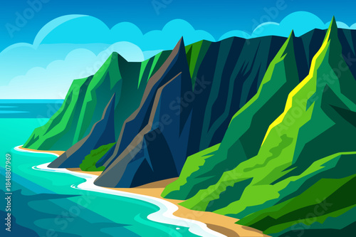 Serene tropical ocean bay with lush green mountains