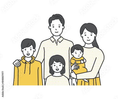 家族のイラストベクター素材（2世代5人）