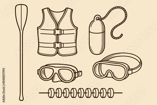 Water Sports Gear and Safety Equipment: Paddle, Life Vest, Buoy, Diving Goggles, and Rope for Outdoor Activities
