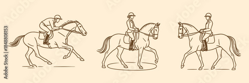 Vintage equestrian sports with riders and horses for competition, training, horse club and riding school design. Vector illustration.