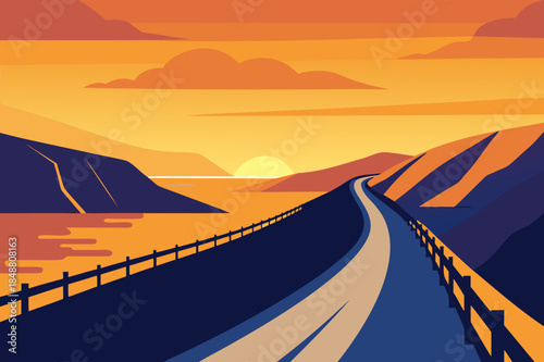 Winding road by the sea at sunset with mountains