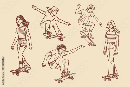 Vintage teenagers skateboarding for youth culture, street lifestyle and urban sport design. Vector illustration.