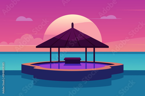 Colorful illustration of a gazebo over water at sunset or sunrise