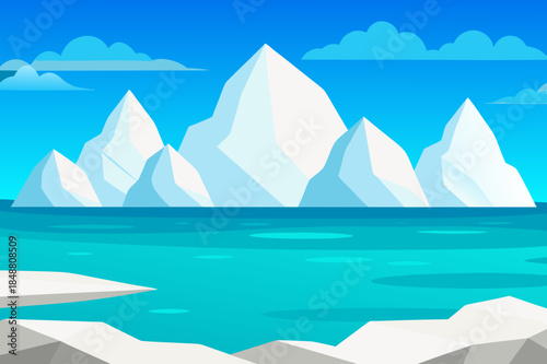 Iceberg landscape with blue ocean and clear sky