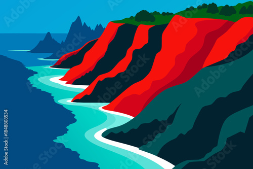 Dramatic coastal cliffs and turquoise water in a modern illustration