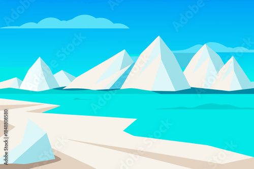 A serene beach scene with icebergs and a clear blue sky