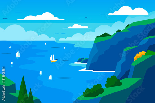 Stylized coastal landscape with blue ocean sailing boats and green cliffs