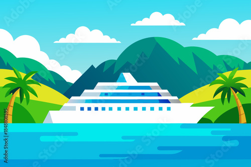Cruise ship sailing through tropical waters with mountainous island background