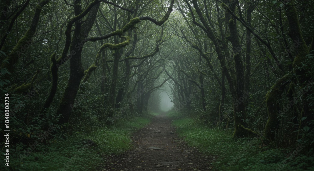 Fototapeta premium Mysterious Path Through a Foggy Mossy Forest