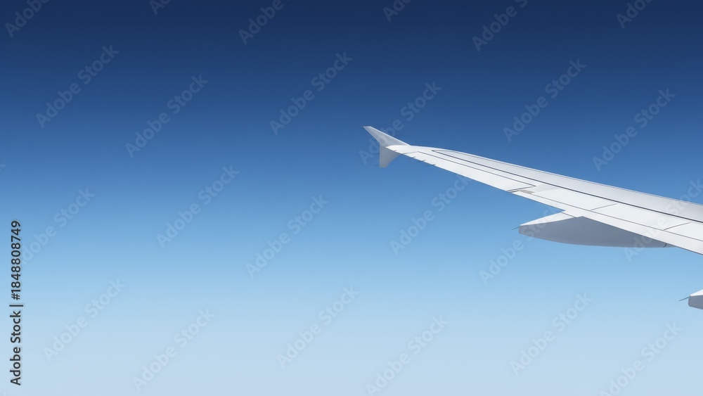 Fototapeta premium Airplane Wing Against Clear Sky Flight Travel Aviation. Concept featuring airplane, wing, sky, flight, travel.