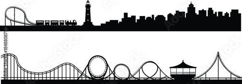 Amusement park skyline silhouette with roller coaster lighthouse cityscape illustration panoramic entertainment landscape black vector design