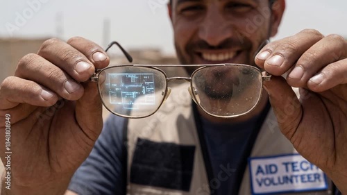 Man holding glasses with digital blueprint reflecting brainstorming for nonprofits planning and design showing teamwork, technology, and volunteer
