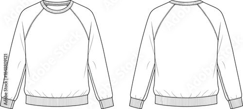 Classic crewneck sweatshirt with raglan sleeves technical fashion illustration front and back views