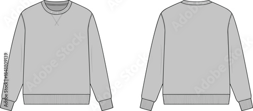 Front and back view crewneck sweatshirt vector illustration, long sleeve ribbed cuff hem technical fashion drawing
