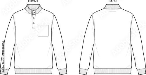 Front and back view long sleeve henley sweatshirt vector illustration, ribbed cuffs collar pocket technical fashion drawing