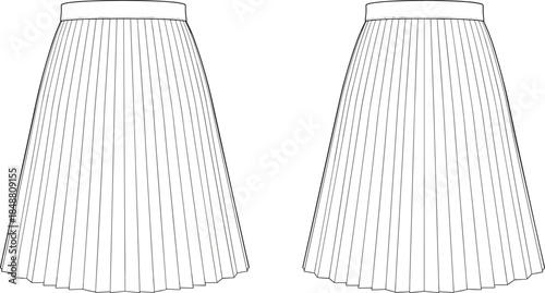 Front and back view pleated midi skirt vector illustration, elastic waistband technical fashion drawing template flat apparel design